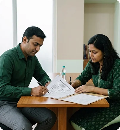 Couple reviewing documents for mutual divorce filing