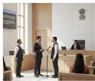 Lawyers in a courtroom discussion