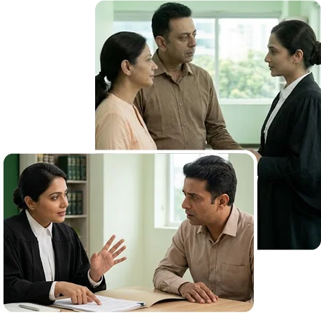 Clients discussing settlement and mediation with a legal expert