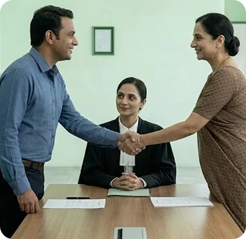 Couple shaking hands after mediation in front of a legal expert