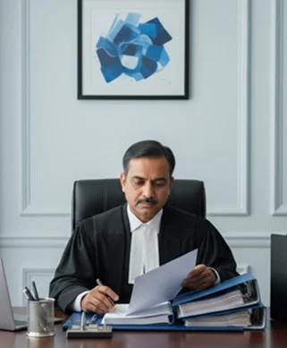 Judge reviewing documents while evaluating allegations