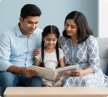 Parents and child discussing custody arrangements together