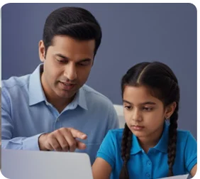 Father helping child study on a laptop