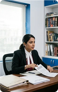 Lawyer discussing papers related to matrimonial allegations