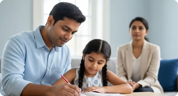 Father spending visitation time with his daughter while a legal professional looks on