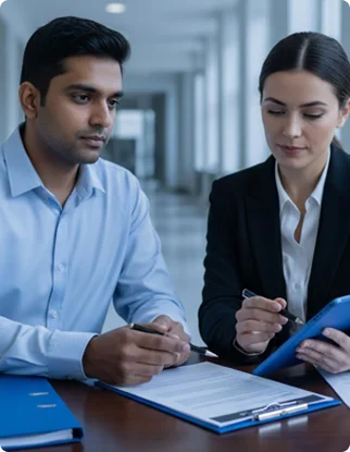 Man seeking legal guidance with spouse in a court related setting